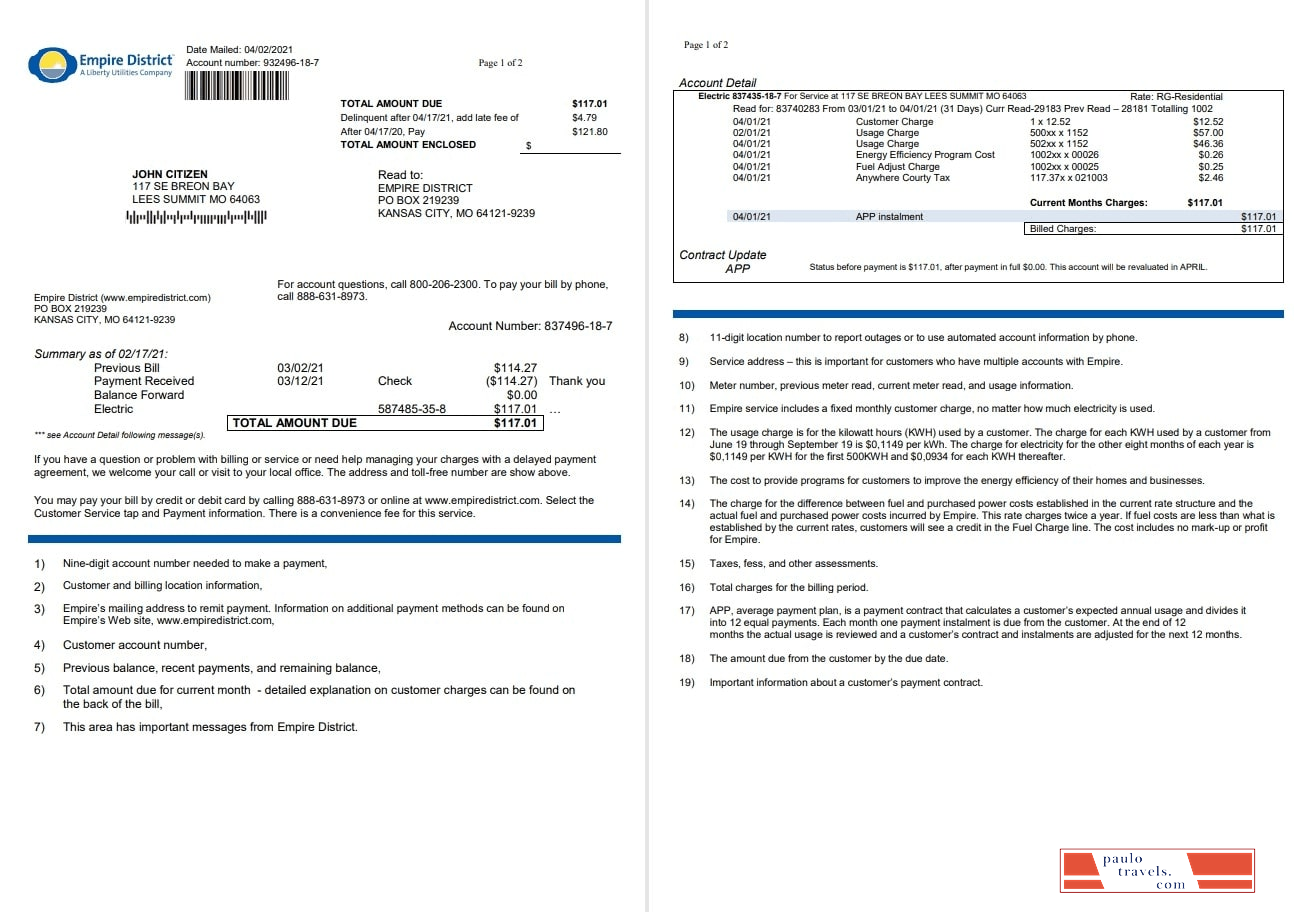 USA Empire District Electric Company utility bill template in Word and PDF format (2 pages)